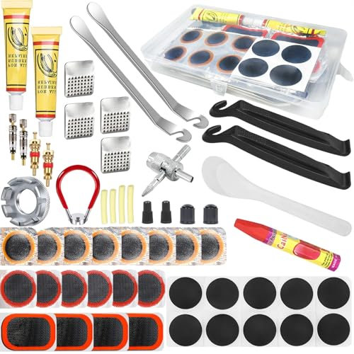 Ghguole Kit Reparation Velo,57 pcs Kit Réparation Pneus Vélo,Kit de Crevaison Vélo,Kit réparation pour Chambre à air avec 30 Rustines,pour Vélos Route/Montagne/Banlieue,Motos,BMX,Caoutchouc Gonflable