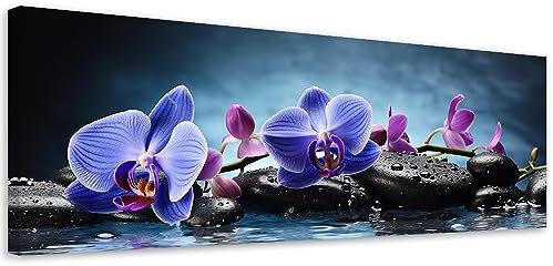 Feeby Bilder Zen Spa Orchidee 120x40 cm 1 tlg Modern Leinwandbilder Bild auf Leinwand Kunstdruck Wand Bild Wanddeko Design Schlafzimmer Büro Flur Hotel Spa Wohnzimmer Wasser Steine Kerzen Blau