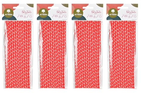 SHIDOW Rote gepunktete Papierstrohhalme, rote und weiße Papierstrohhalme zum Trinken, biologisch abbaubare rote Papier-Trinkhalme mit weißen Punkten in Großpackung für Cake Pops bei Geburtstagen,