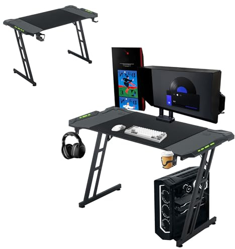 Froadp Scrivania da Gaming con LED 140x60 cm Tavolo da PC Gaming in Forma Z Nero Superficie in Fibra di Carbonio Scrivania Ergonomica per Computer con Porta-bevande e Ganci per Cuffie Portata 150 kg