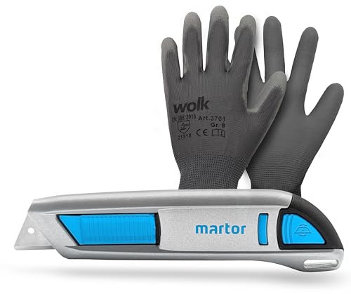 wolk Sicherheitsschneide Set - wolk Arbeitshandschuh Größe: 9 und Sicheheitsschneidemesser - Beidhändig - automatischer Klingenrückzug