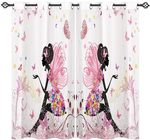 ANHOPE Blume Fee Schmetterling Verdunklungsvorhänge mit Ösen Blickdichte Gardinen Thermo Vorhänge Blackout Curtain Kinder Mädchen Wohnzimmer Schlafzimmer Vorhang 2er Set H 160 x B 77 cm