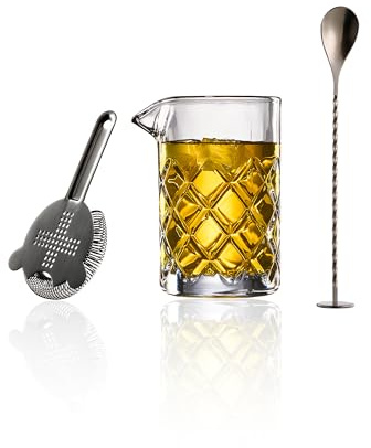 Fioance Cocktail Mixing Glass Set, Bar Mixing Set with 13.5oz Crystal Thick Bottom Glass,Spoon with Muddler and Strainer, Sturdy Hand Blown Seamless Crystal, Gift for Amateurs and Bartenders.