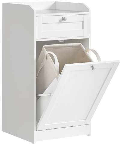 VASAGLE Mobile Portabiancheria per Bagno, Mobiletto Bagno con 1 Cassetto e 1 Cesto Portabiancheria, Sacco Interno Rimovibile con Maniglie, 40 x 40 x 80,2 cm, Bianco Nuvola BBC741W01