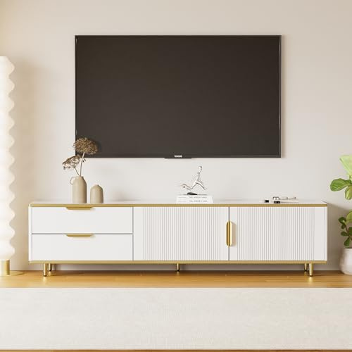 KecDuey Mueble de TV 175 x 40 x 45 cm, placa baja con textura tallada, asas y patas doradas, muebles de salón con textura de mármol, mueble bajo para TV (blanco, 175 x 40 x 45 cm)
