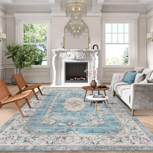 Taleta Greenish Washable Rugs Living Room Large Blue Non Slip Vintage Boho Floral Rug Soft Short Pile Oriental Area Carpet for Kitchen Bedroom (Blue, 190 x 280 cm)