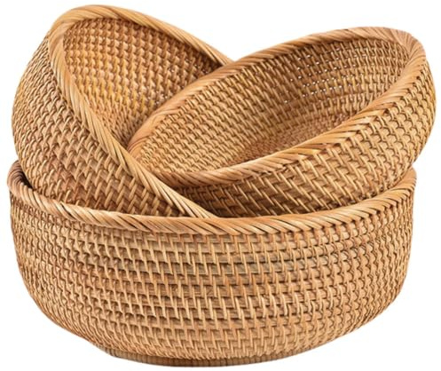 3 Pezzi Cestino Portaoggetti in Rattan, Cesto Rotondo in Vimini Naturale, Cesto di Intrecciato Decorativo per Cucina, Soggiorno (Rotondo)