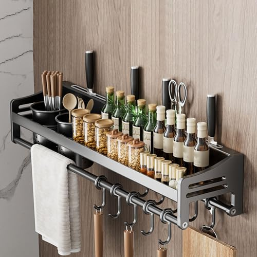 Giural 60cm,Gewürzregal Wand mit Küchenrollenhalter und Abnehmbare Haken, Küchenregal Ohne Bohren aus Edelstahl, Gewürz Organizer Hängend für Zur Aufbewahrung von Gewürzen, Dosen, Gläsern
