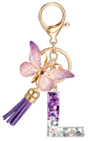 JSRQT Porte-clés Lettre Initiale L, Porte-clés Alphabet en Résine Violettes pour Femme Filles avec Pendentif Papillon et Pompon, Nom Porte-clés Initiale Letter Keyring pour Sac à Main Sac à Dos Charme