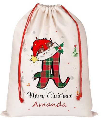 Personalisierter Weihnachtsmannsack mit Initiale und Namen, individuelle Monogramm-Alphabet-Geschenktüten, Weihnachtsgeschenktüten, Weihnachtsverpackung, Geschenktüten für Kinder, Urlaubsgeschenke