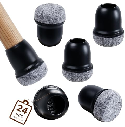 RCHYFEED 24 stycken stolben, svart silikon, elastiska skyddskåpor för stolsben, tysta och reptåliga, stolsbenskydd med filt, filtglider för stolar (14–19 mm)