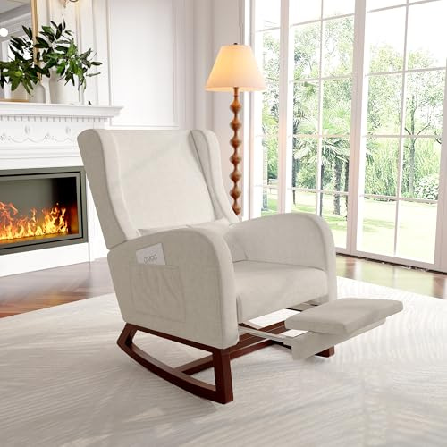Schaukelstuhl mit Hocker, Mid-Century Modern Nursery Schaukelsessel, Schaukelstuhl für das Kinderzimmer mit 2 Taschen und Kissen, Wohnzimmer-Lounge-Sessel mit hoher Rückenlehne (Beige Leinen)