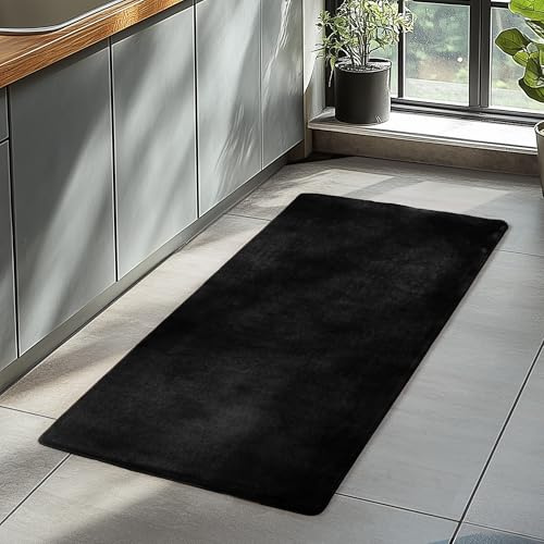 HomebyHome Läufer Teppich Schwarz 80x150 cm Waschbarer Kurzflor Teppich, rutschfest & weich, modernes einfarbiges Design für Schlafzimmer, Küche & Flur