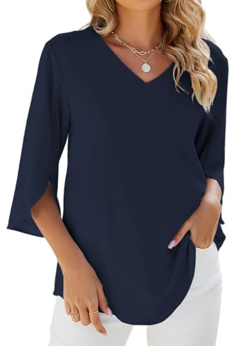 YUTILA Chemisier élégant à manches 3/4 en mousseline de soie avec col en V - Tunique ample - Été - Léger - Pour le printemps, bleu foncé, L