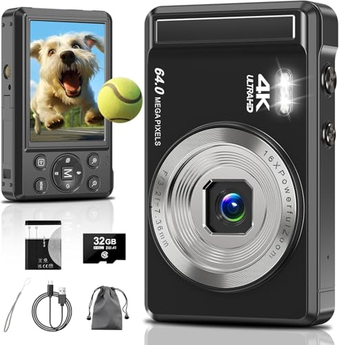 Appareil photo numérique 4K, 2,8 64 MP UHD avec carte 32 Go, batterie 1200 mAh, zoom numérique 16x autofocus appareil photo compact pour enfants, débutants, adolescents