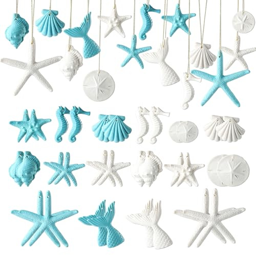 Fangoo 32 Piezas Conchas Marinas Adornos de Navidad temática de Playa y océano de Resina Estrella Adornos Decorativos náuticos de Navidad costeros para decoración de Árbol de Navidad, hogar, baño