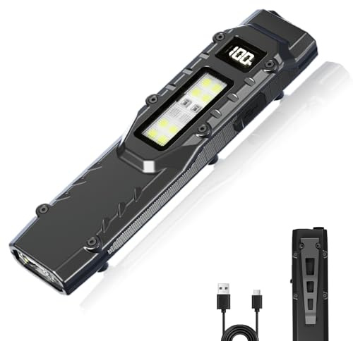 MAKDAK Linterna EDC Táctica Recargable - Pantalla Digital de Altos Lúmenes, Luz de Bolsillo, 5+4 Modos con LEDs UV Rojo y Blanco, Acero Inoxidable e IPX4 para Uso Diario, Camping, Emergencia