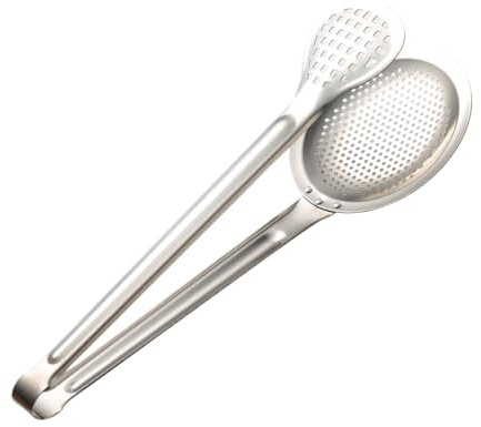 Skimmer Slotted Spoon, 2 in 1 Stainless Strainer, 13,39 x 5,12 pollici Metal Ladle with Tongs, Fry Oil Mesh Scoop, Comodo Grip Cooking Tool for Draining Boiling Kitchen Use