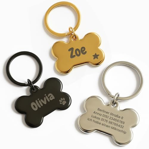 LASERO Medaglietta Cane Personalizzata a Forma di Osso Bombato in Acciaio 40×25 mm, 30g – Targhetta Cane con Incisione Laser di Nome e Dati – 3 Colori (Argento, Nero, Oro)