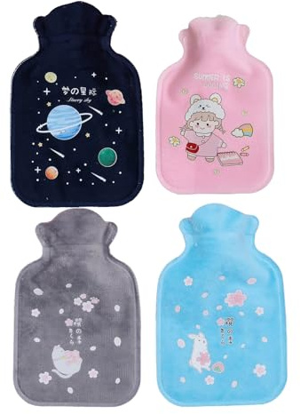 4PCS Mini Hot Water Bottle, Small Hot Water Bottles with Cute Covers, 300 ml Mini Hot Water Bottle with Cover for Pain Release, Warm Hands in Winter, Gift Set (Gray/Blue/Pink/Navy)