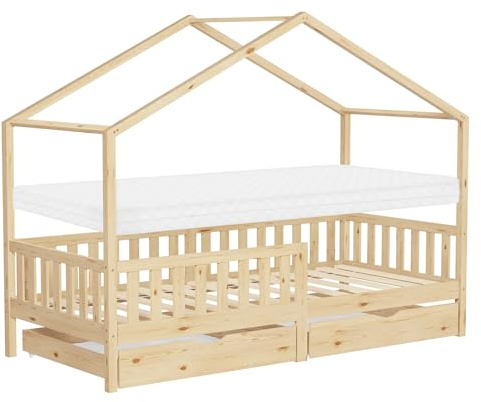 ML-Design Kinderbett Hausbett 90x200 cm Natur mit Matratze, Holzbett mit 2 Schubladen, Rausfallschutz und Lattenrost, Spielbett aus Kiefernholz, Montessori Bettgestell für Kinder, Bodenbett Bettenhaus