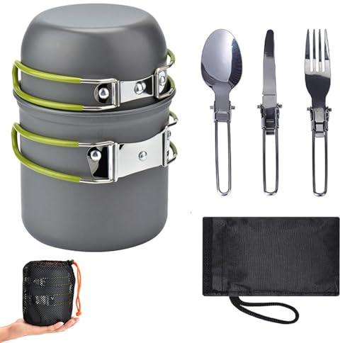 Fictory Juego de utensilios de cocina ultraligeros para camping, vajilla portátil al aire libre para senderismo y picnic, olla compacta y sartén para 1-2 personas, esencial para mochilero