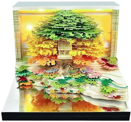 2026 3D Paper Sculpture Calendar with LED Light, Creative Tear-off Art Memo Pad, Whimsical Desktop Ornament, Unique Gift for Christmas, Birthday & Office Decor (Green Treehouse)