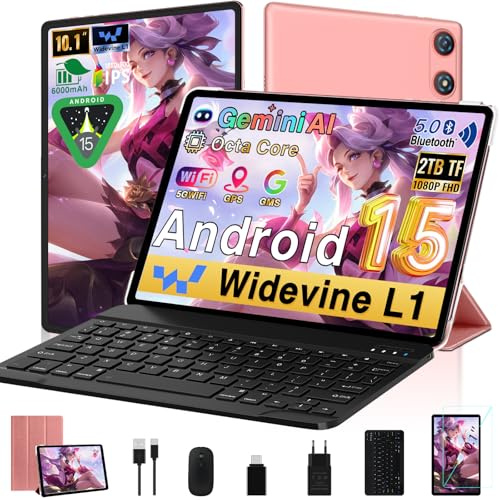 2026 Newest Tablet Android 15 10 Pollici ｜ 64GB ROM + 2TB TF｜5G WiFi 6｜Octa-Core 2.0Ghz｜ 5MP + 8MP｜ GMS｜1280 * 800 FHD IPS｜Doppia Fotocamera ｜Bluetooth 5.0｜Tablet 2 in 1 con Tastiera e Mouse (Rosa)