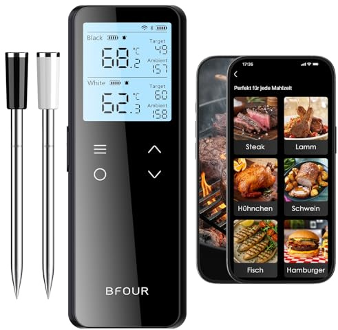 BFOUR BF-80 - Termómetro inalámbrico para carne con Bluetooth y WiFi, termómetro para barbacoa con 2 sondas, 6 sensores, IP67 resistente al agua, botón táctil, control de aplicaciones, termómetro para
