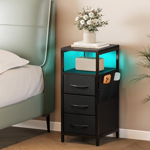 Dripex Bedside Table with Adjustable LED Lights, 3 Drawers and Open Shelf Side Table - Slim Bedside Cabinet Space Saving Design for Small Spaces, Bedroom, Living Room, Office and Study (Black)