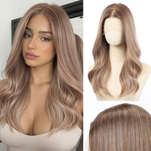 testar 13x6 Ombre-Perücke in Hellbraun-Weiß-Mix, Lace Front, synthetisch, lang gewellt, 22 Zoll, hitzebeständige Synthetikfaser, für den täglichen Gebrauch