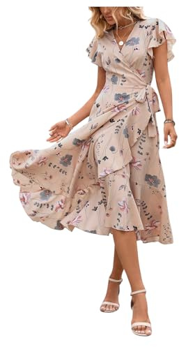 GORGLITTER Floral Holiday Dresses for Women UK Wrap V Neck Ruffle Sleeve Tie Knot Flared Ruffled Midi Dress