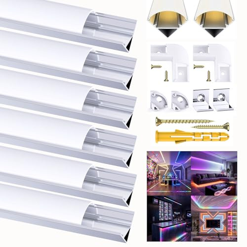 6X1M LED Aluminium Kanal Profil V Form für 12MM Led Streifen/Stripes, Eckprofil Schiene Aluprofil Diffusor mit Milchweiß Abdeckung, 45 Grad Eckverbindern, Endkappen und Metall Befestigungs Clips