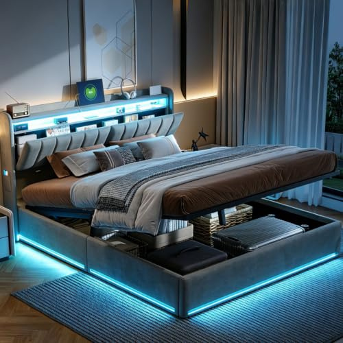 Cama tapizada de 160 x 200 cm con LED y espacio de almacenamiento, cama doble con somier de láminas, cama acolchada hidráulica con cajón, cama de terciopelo con somier, cama de 160 x 200 cm, sin