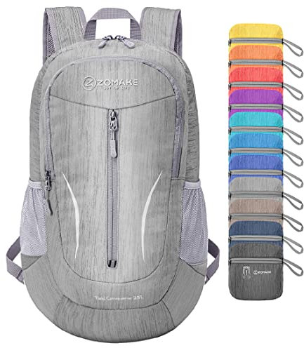 ZOMAKE Faltbarer Rucksack Leicht 25L,Kleiner Rucksäcke Wasserdicht Wanderrucksack Packable Backpack für Damen Herren Outdoor Wandern(Silber grau)