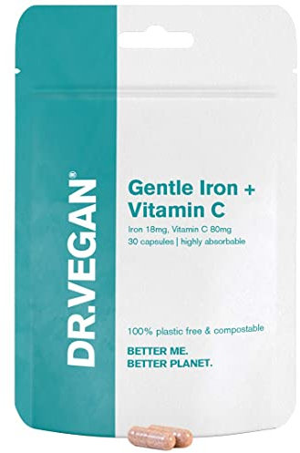 Daily Gentle Iron & Vitamin C | Healthy Immune System and Energy | 30 Vegan Capsules | One-A-Day | DR.VEGAN