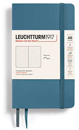 LEUCHTTURM1917 365649 Notizbuch Pocket (A6), Softcover, 123 nummerierte Seiten, Stone Blue, Dotted | Softcover, Stone Blue, 2 Lesezeichen, Falttasche, Inhaltsverzeichnis, perforierte Blätter