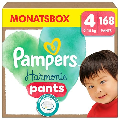 Pampers Harmonie Blöjbyxor Storlek 4, 168 Blöjor, 9 kg-15 kg, Månadspaket, Mjukt Hudskydd och 360° Bekväm passform