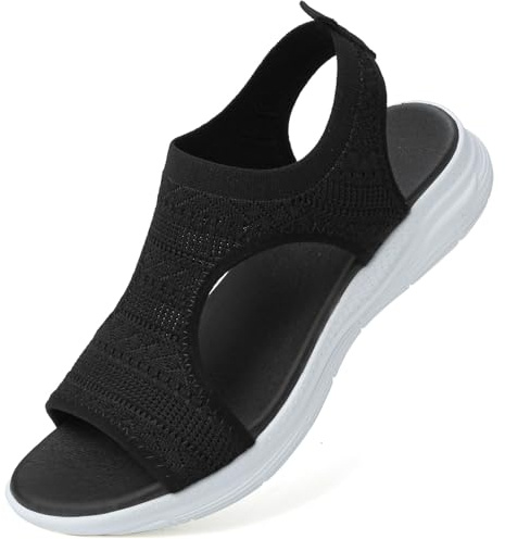 VTASQ Sandales orthopédiques lavables pour femme - Sandales orthopédiques respirantes en tricot - Semelle souple - Chaussures décontractées pour femme Noir 38EU