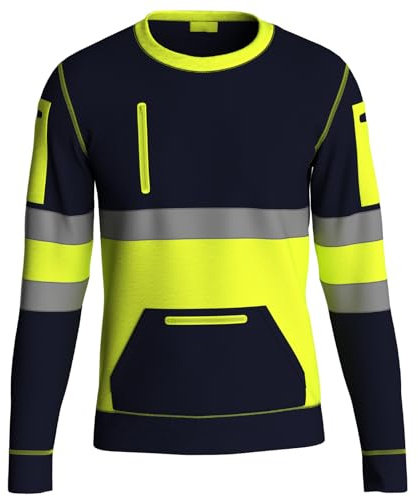 NOROZE Hochsichtbarer, langärmliger Hi-Vis-Pullover - Rundhals-Sweatshirt aus Fleece mit hoher Sichtbarkeit - T-Shirt für Sicherheitsarbeitskleidung für Herren, Oberteil, NVY-YEL/2XL