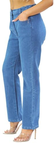 UK Dispatch Womens Side Elastic Waist Jeans Straight Leg Regular Fit 29 Leg,16,Blue