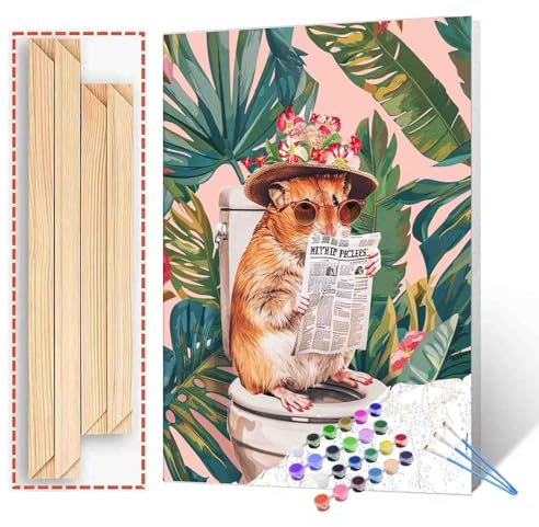 Tucocoo Kit per dipingere con i numeri, con pennelli e pigmento acrilico su tela per adulti, immagine di animali sul water, lettura di giornali, per la casa, decorazione da parete, idea regalo, 40,6 x