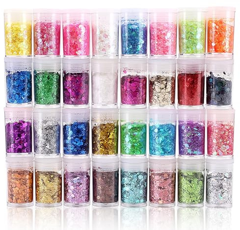 32 Stück Bastel Glitzer Set DIY Glitzerpulver zum Basteln Klobige Pailletten Glitzer Basteln für Epoxidharz Dekoration, Nagelkunst, Körper, Augen, Masquerade, Karten, Papier