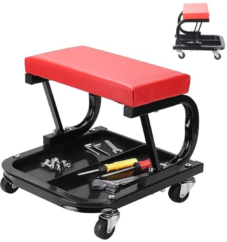 Sbz Workshop Stool 100KG Rolling Mechanic Stool – Heavy Duty Mechanics Seat with 360° Swivel, Padded Cushion, Removable Tool Tray & 4 Universal Casters – Garage & Auto Repair Shop Chair