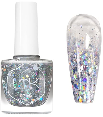 Clear Glitter Nail Polish - Sheer Silver Glitter Nail Varnish - Sparkly nail polish Quick Dry - Breathable Nail Polish - Shimmer Reflective nail Varnish - No Bake No Chip Long Lasting glitter Top Coat