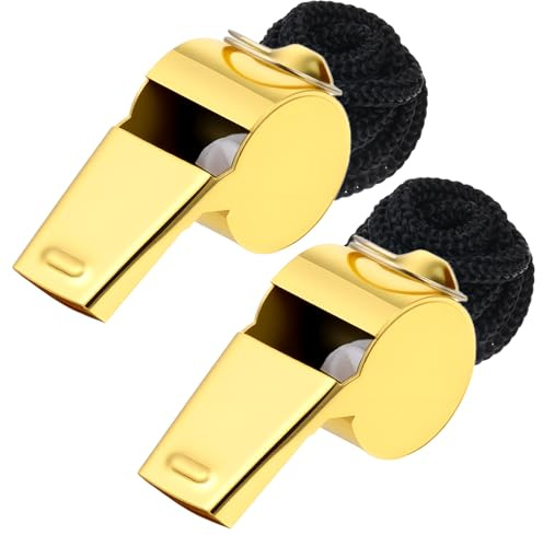 Molain Lot de 2 sifflets de sport en acier inoxydable avec cordon, sifflet en métal coloré pour entraîneur, arbitre, urgence (doré)