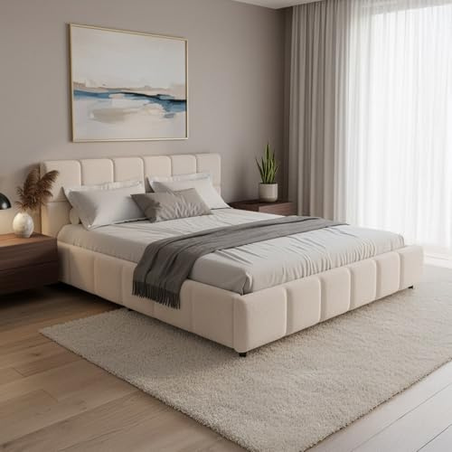 Juskys Polsterbett Florenz 180 x 200 cm – Bouclé, modernes Bett mit Kopf- & Fußteil, stabilem Holz- & Metallrahmen, Lattenrost, 500 kg Tragkraft – Creme