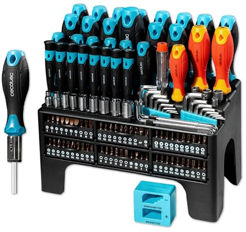 Cecotec Juego de Destornilladores 126 Piezas HardGyro 1260 Magnetic. Acero CR-V, 3 Destornilladores VDE, 60 Puntas S2, Carraca, Magnetizador, Llaves de Vaso y Allen, Buscapolos, Soporte Incluido