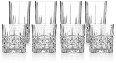 klink LONDON Camden Crystal Glass Set – 8 Piece Lead-Free Crystal Drinking Glasses, 4 Tumblers & 4 Highballs, Cross-Cut Geometric Whisky Cocktail Water Glasses, Dishwasher Safe