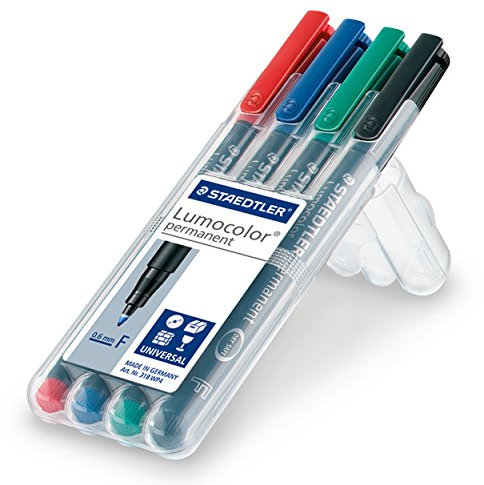 STAEDTLER 3 Etuis Lumocolor 318 WP4 Folienstift, permanent, wasserfest, wischfest, sekundenschnell trocken, F-Spitze Linienbreite ca. 0.6 mm, hohe Qualität, Set mit 4 Farben